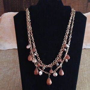 Gold Toned Textured Tri-Strand Bronze and Silver Faceted Beaded Necklace
